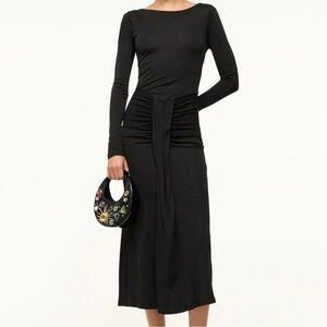 STAUD Ruched Jersey Black Long Sleeve Midi Dress Size XS Classic Luxury Designer